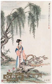 郑慕康 1981年作 柳荫观潮 立轴 94.5×59cm